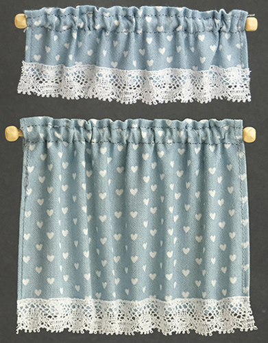Dollhouse Miniature Cottage Curtains: Nursery Hearts, Blue
